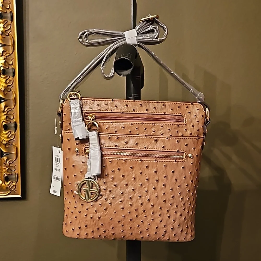 Giani Bernini Designer Embossed Faux Ostrich Crossbody Bag Purse Mocha Gold NWT